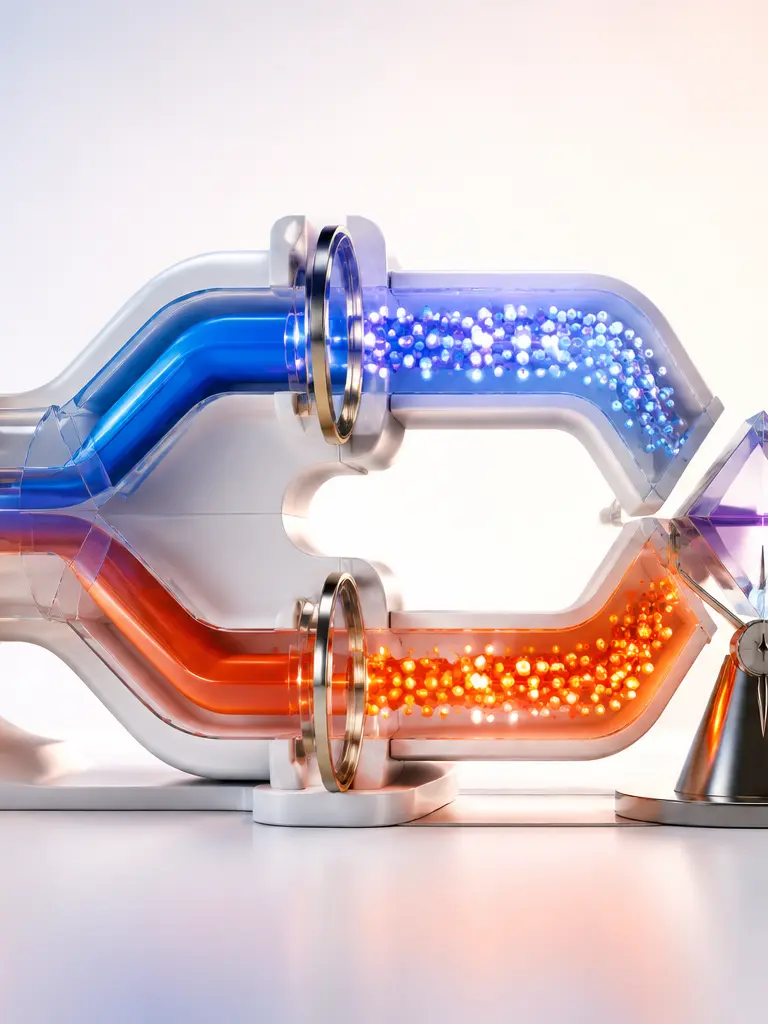 A premium editorial illustration of controlled A/B testing paths converging through measurement gates into a decision