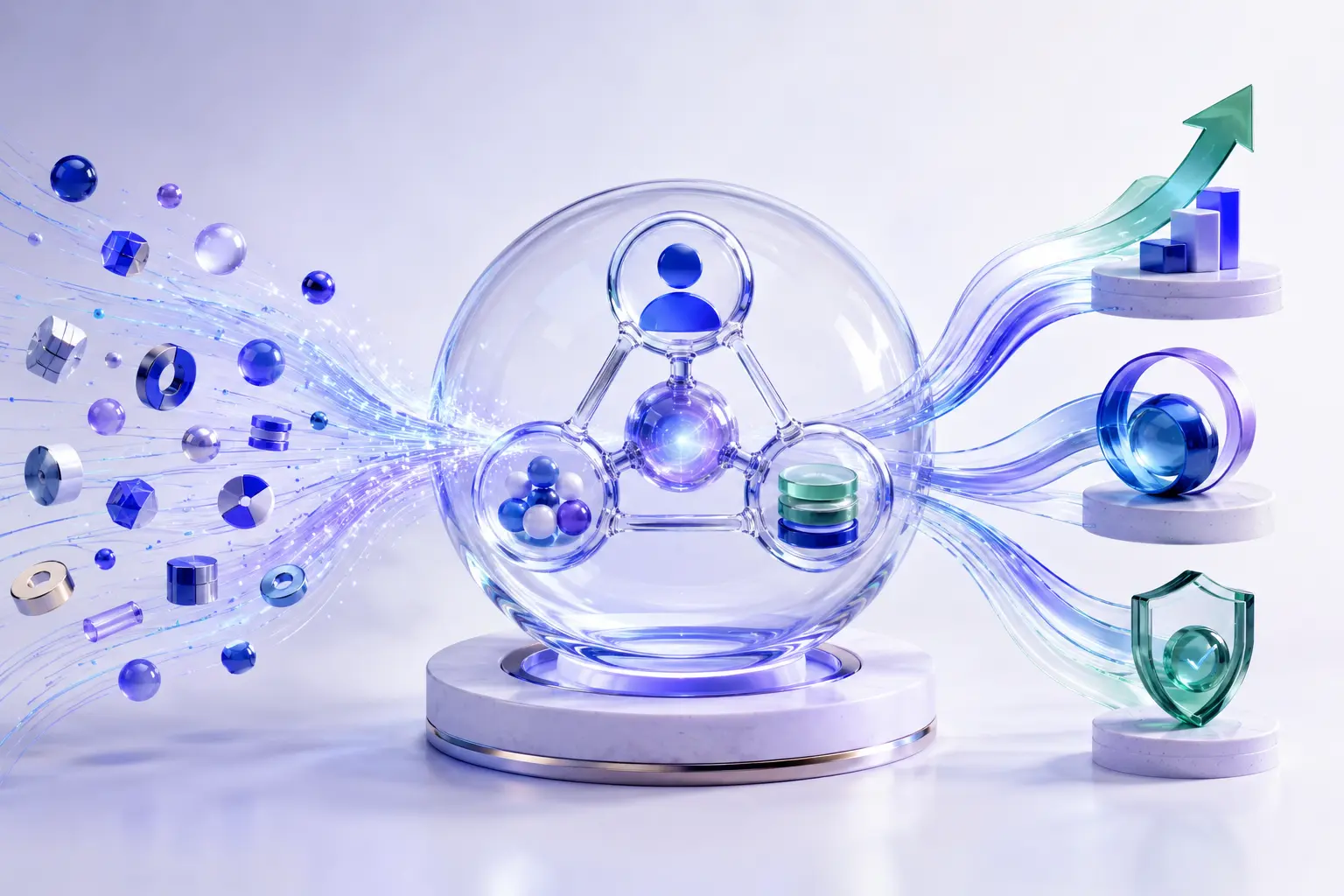 A premium editorial illustration of fragmented product signals converging into governed customer intelligence and decision outputs